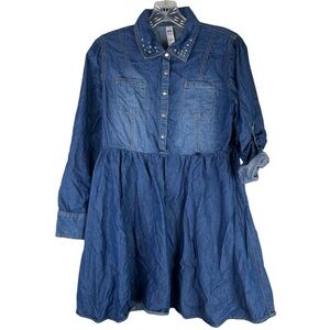 Justice Dress Girls 14/16 Blue Denim Chambray Embellished‎ Collar Roll Up Sleeve